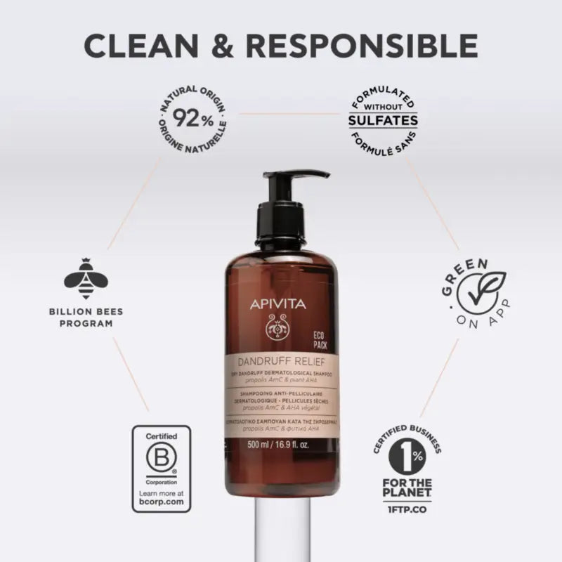 Apivita Ecopack – Shampooing dermatologique contre les pellicules sèches, 500 ml