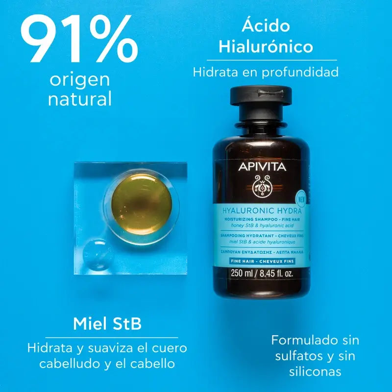 Apivita Hydra Hyaluronic Shampooing Hydratant Cheveux Fins, 250 Ml