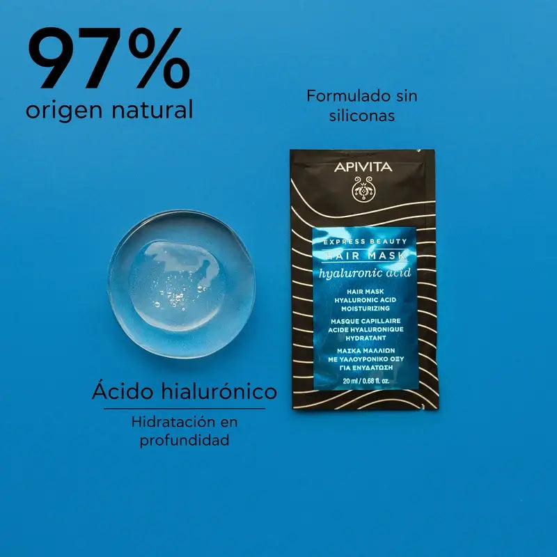APIVITA Masque capillaire hydratant pour tous types de cheveux à l'acide hyaluronique et à l'aloès, 20 ml
