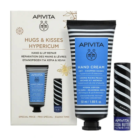 Apivita Promo Crème pour les Mains avec Hypericum, 50Ml + Soin des Lèvres avec Beurre de Cacao 4,4Gr