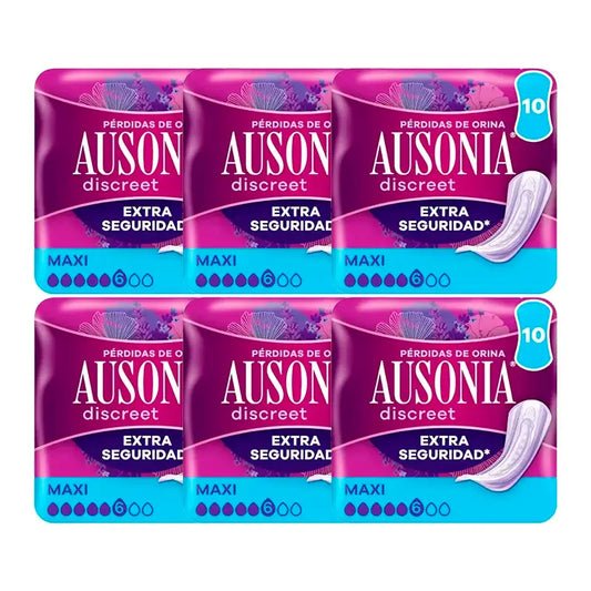 Ausonia Pack Serviettes hygiéniques discrètes pour femmes Maxi, 6 x 10 unités