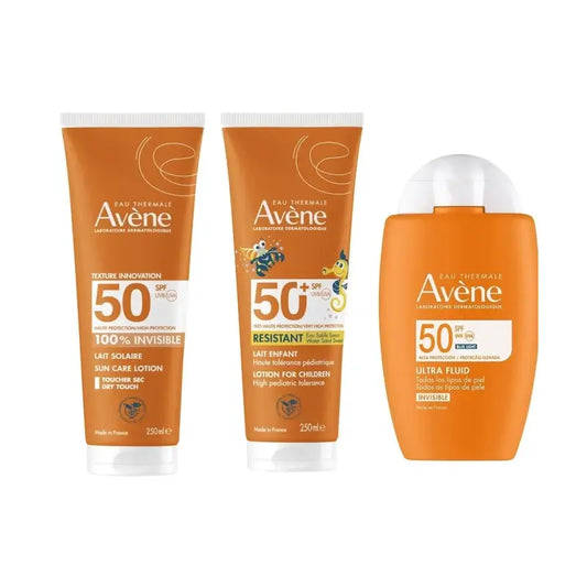 Avène Ultra Invisible Fluide Spf50 50 Ml + Lait Invisible Spf 50 250 Ml + Lait Spf 50+ Enfants 250 Ml