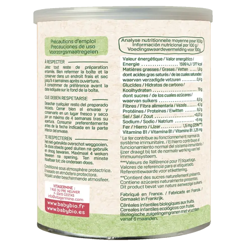 Babybio 5 Céréales avec fruits, paquet de 3 x 220 grammes