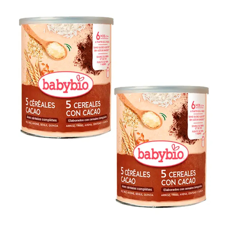 Babybio 5 céréales avec cacao, paquet de 2 x 220 g