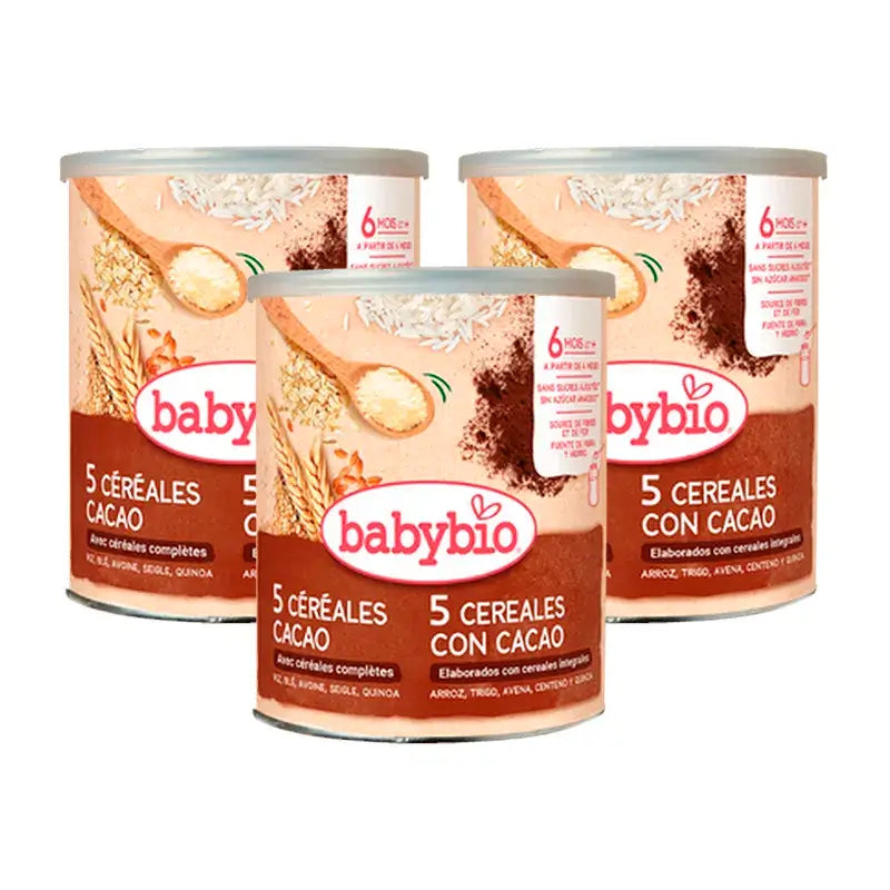 Babybio 5 céréales avec cacao, paquet de 3 x 220 grammes