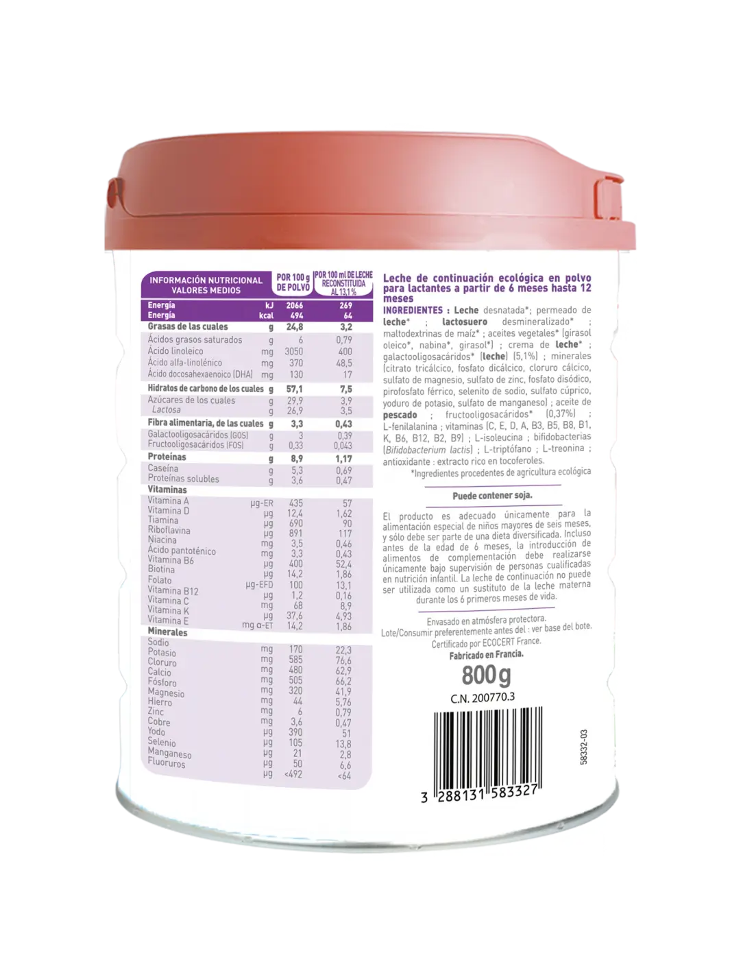 Babybio Optima 2 Lait de vache 0-6 mois, 800 g