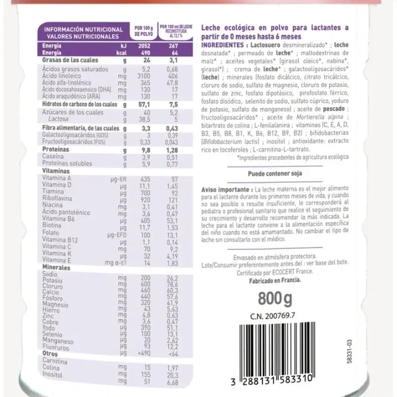 Babybio Optima 1 Lait de vache 0-6 mois, paquet de 2 x 800 grammes