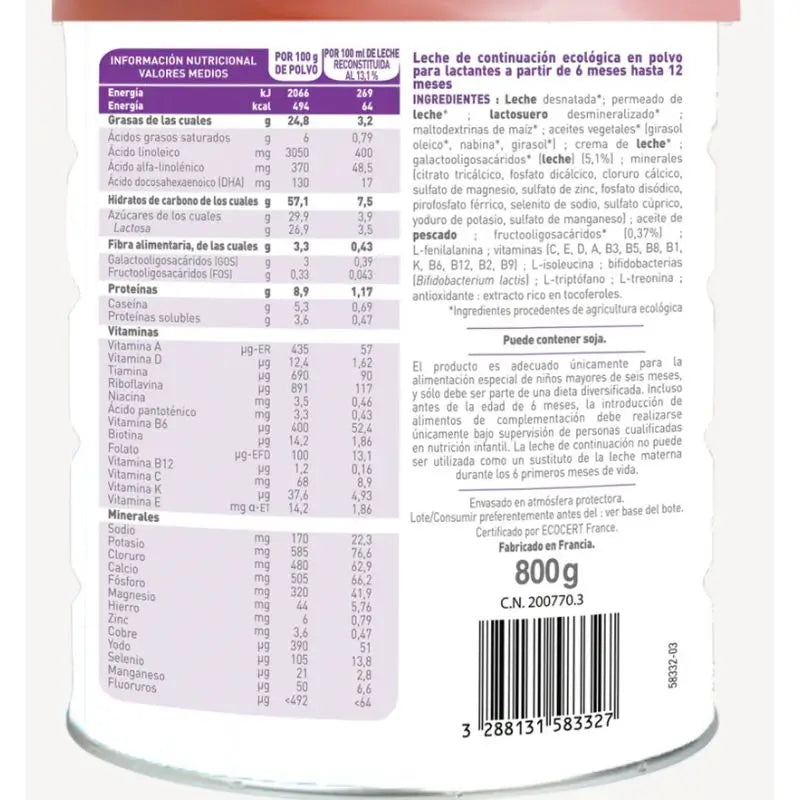 Babybio Optima 2 Lait de vache 6-12 mois, paquet de 2 x 800 grammes