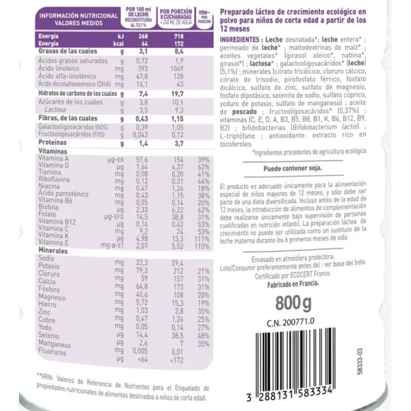Babybio Optima 3 Lait de vache 12-36 mois, paquet de 12 x 800 grammes