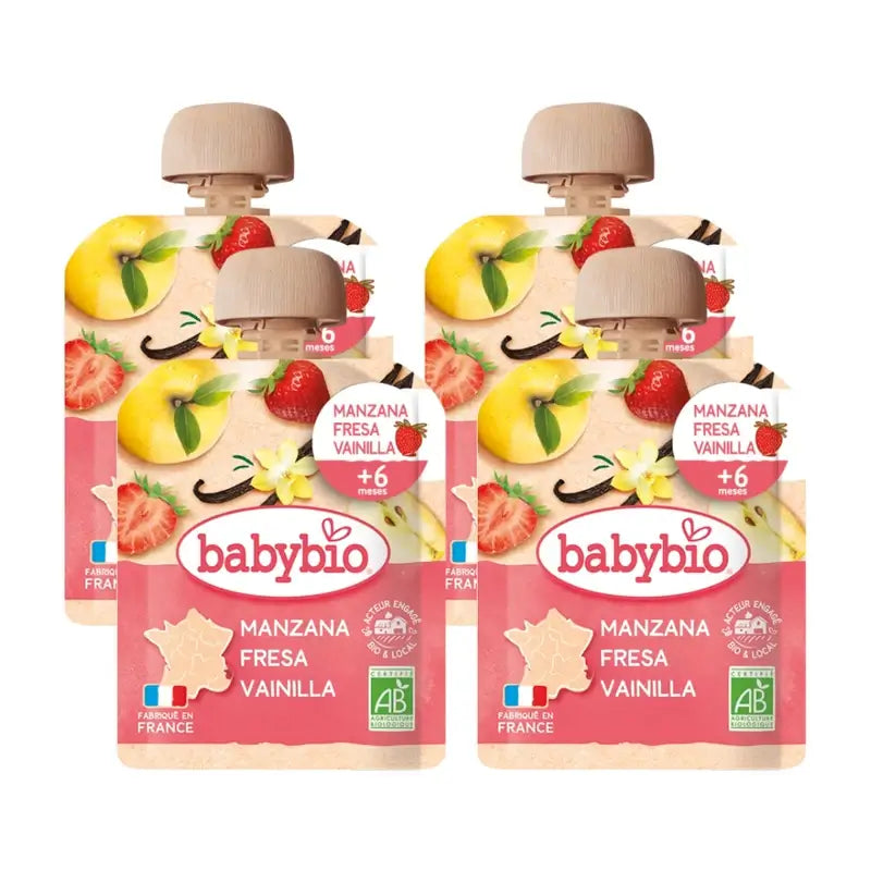 Babybio Pouch Pomme Fraise Vanille, Pack 4 x 90 grammes