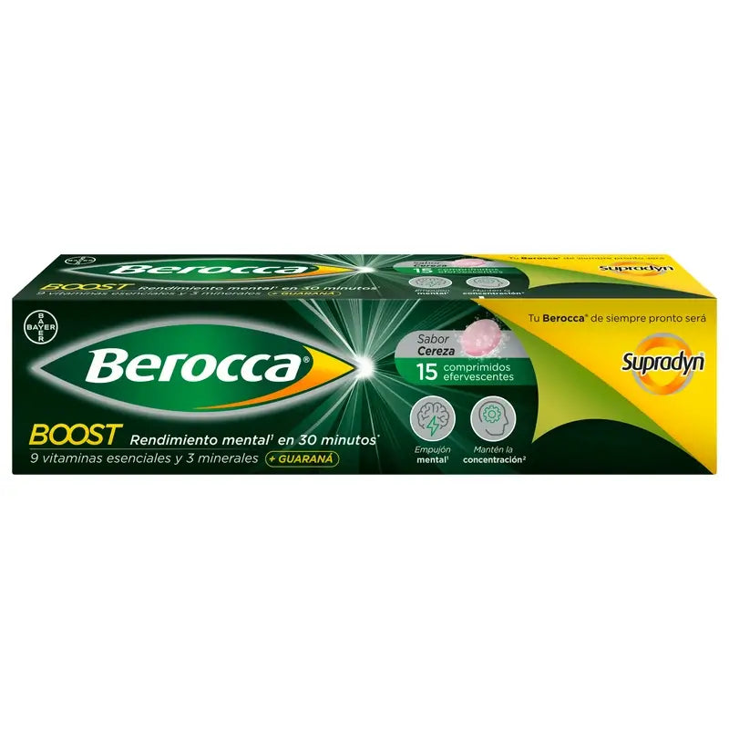 Berocca Boost Magnésium, Vitamines et Minéraux avec Guarana, 15 Comprimés Effervescents