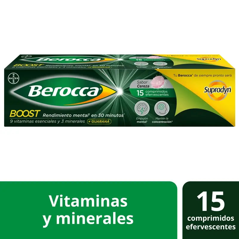 Berocca Boost Magnésium, Vitamines et Minéraux avec Guarana, 15 Comprimés Effervescents