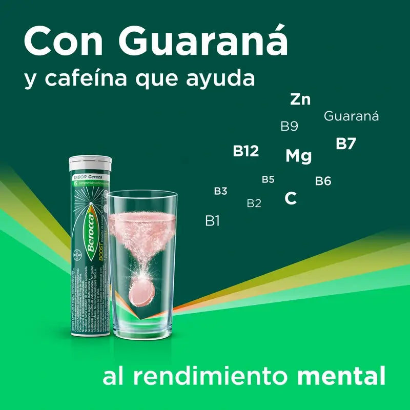 Berocca Boost Magnésium, Vitamines et Minéraux avec Guarana, 15 Comprimés Effervescents
