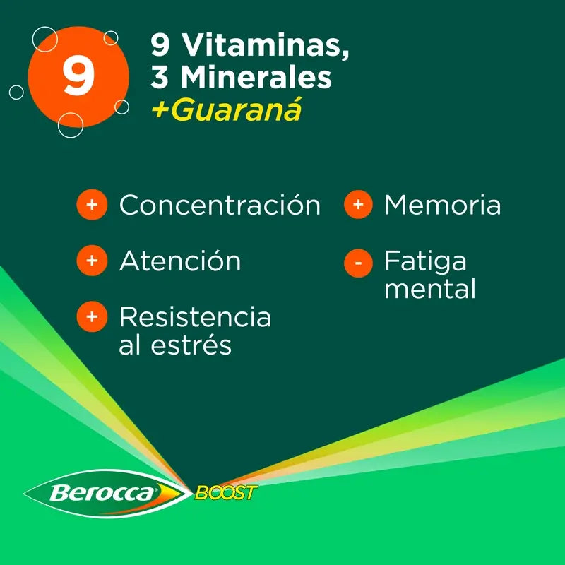 Berocca Boost Magnésium, Vitamines et Minéraux avec Guarana, 15 Comprimés Effervescents
