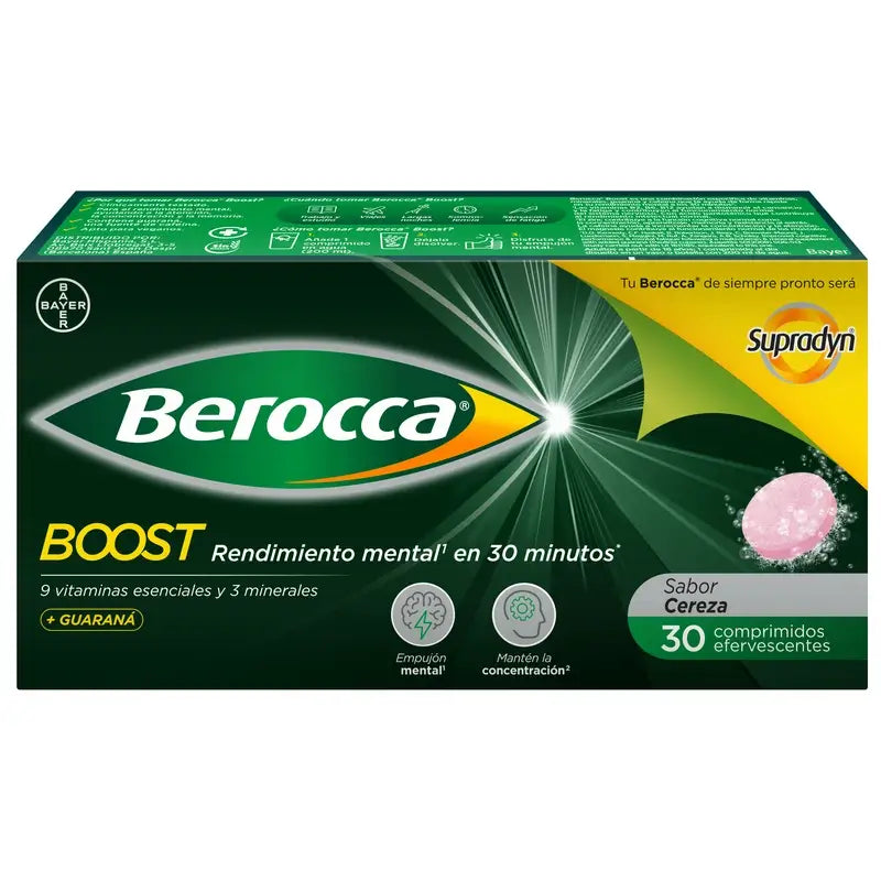 Berocca Boost Magnésium, Vitamines et Minéraux avec Guarana, 30 Comprimés Effervescents