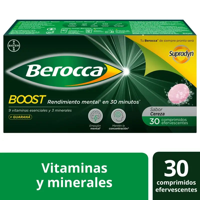 Berocca Boost Magnésium, Vitamines et Minéraux avec Guarana, 30 Comprimés Effervescents