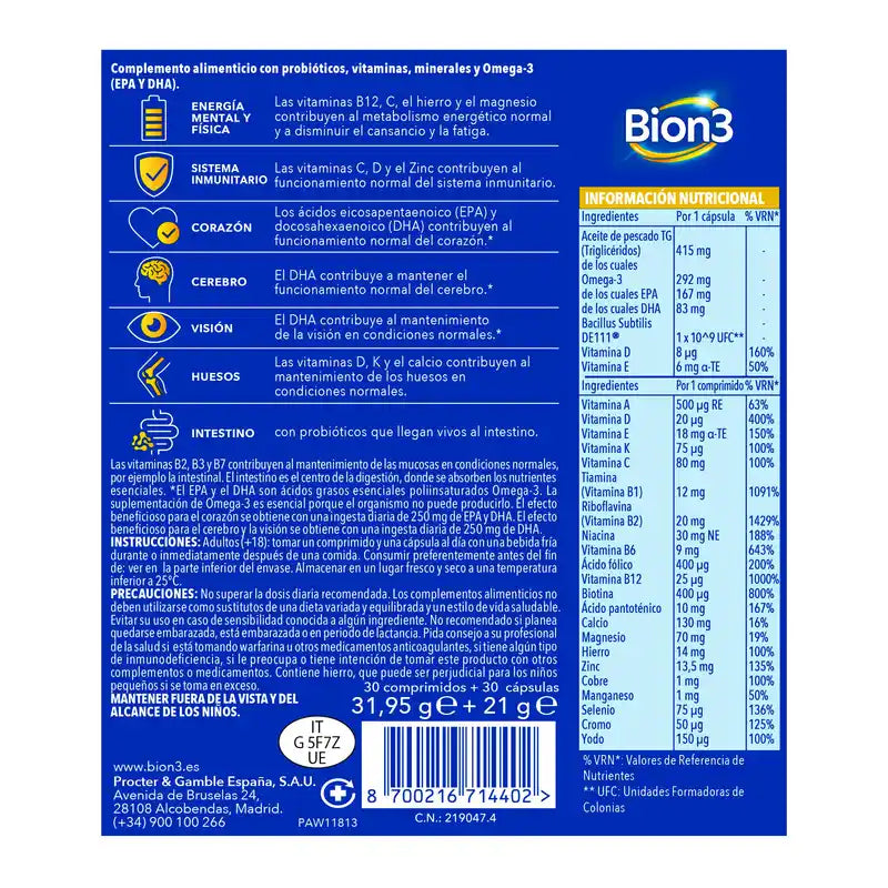 Bion3 Multi & Omega-3 Avec Probiotiques, 60 gélules