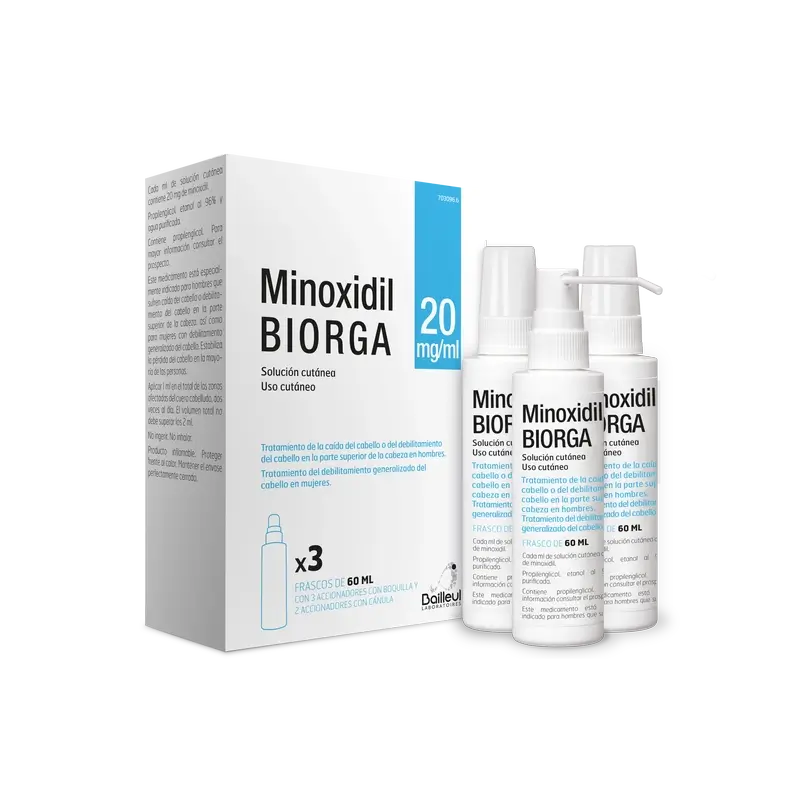 Biorga 20 Mg/ ml Minoxidil Cutaneous Solution 3 Flacons 60 ml + 3 Actionneurs de Buse et 2 Actionneurs de Canule