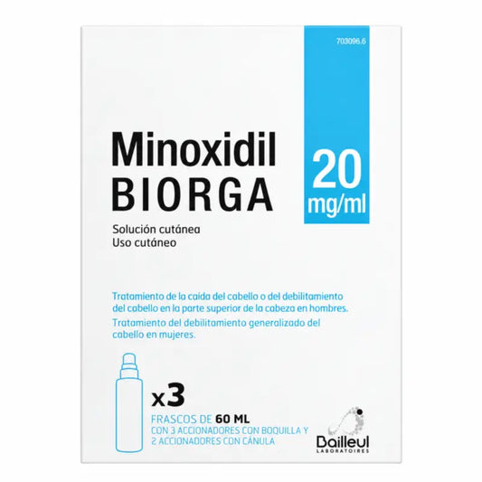 Biorga 20 Mg/ ml Minoxidil Cutaneous Solution 3 Flacons 60 ml + 3 Actionneurs de Buse et 2 Actionneurs de Canule