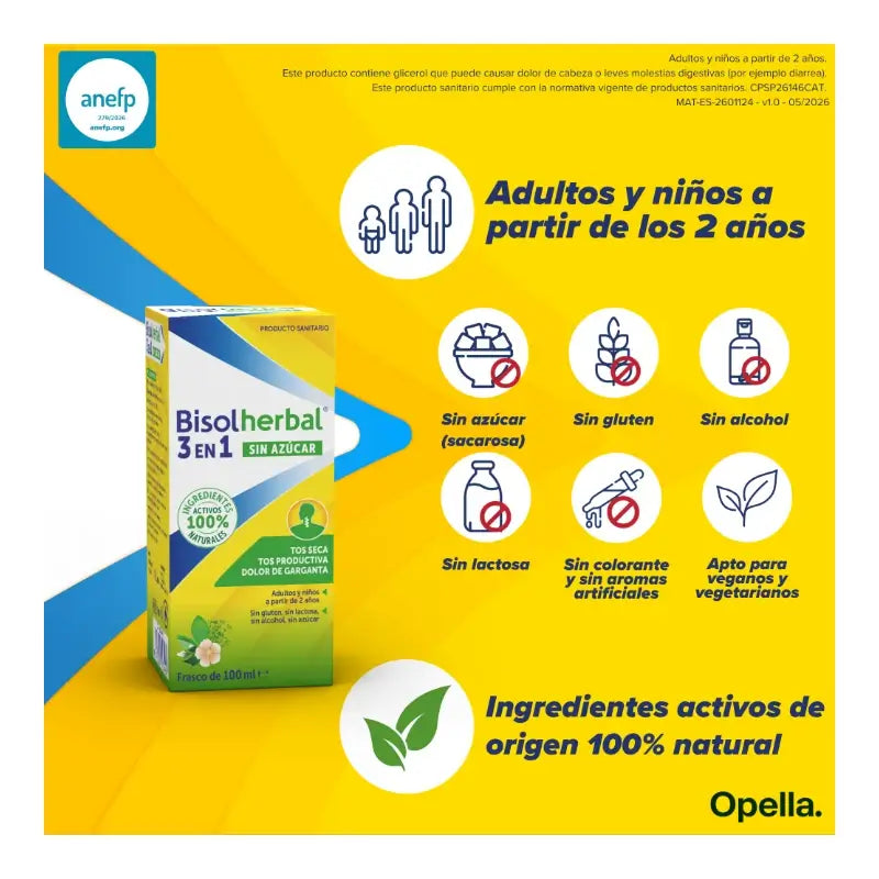 Bisolherbal 3 en 1 sans sucre, sirop, flacon de 100 ml