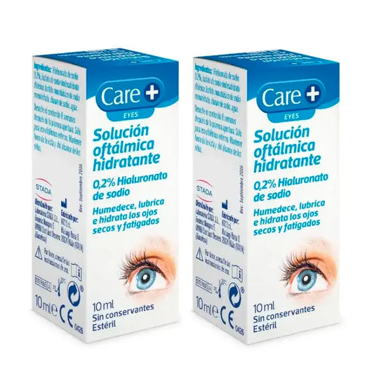 Care+ Solution ophtalmique hydratante, paquet de 2 x 10 ml