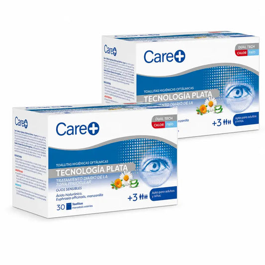 Care+ Lingettes ophtalmiques Silver Technology, paquet de 2 x 30 unités