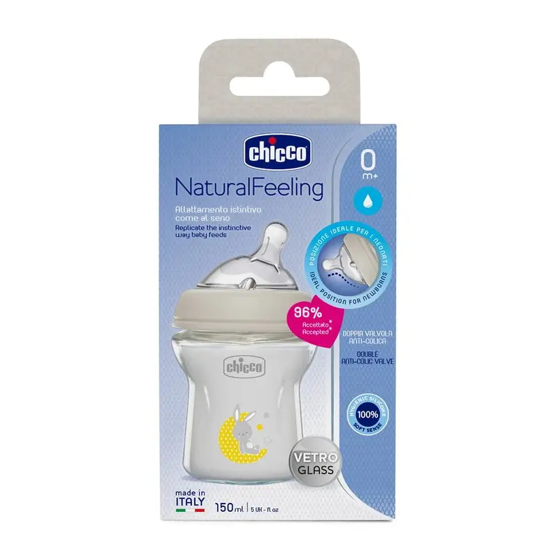 Biberon Chicco Naturalfeeling 150 ml en verre à débit lent 0M+.