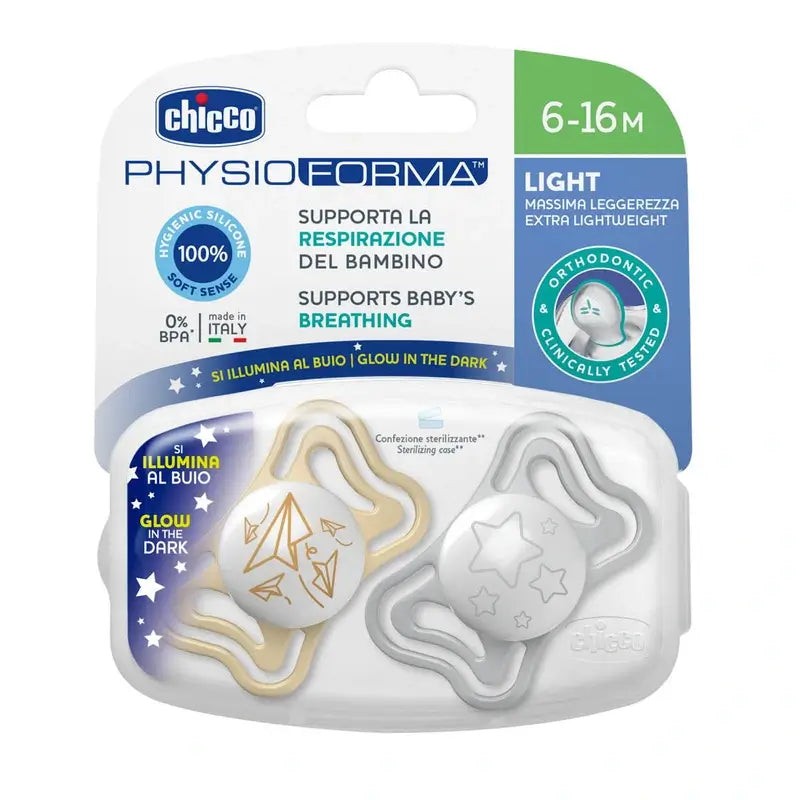 Chicco Sucette Physio Light Silicone Lumineux 6-16M 2 Unités