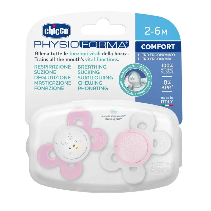 Chicco Sucette Physio Comfort Silicone Rose 2-6M 2 pièces assorties
