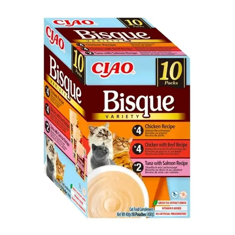 Churu Ciao Bisque Wet Cat Food Multipack: Chicken, Beef, Tuna and Salmon, 10 x 40 g