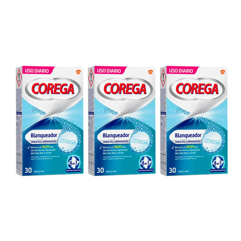 Corega Triplo Whitening Comprimés nettoyants blanchissants, 3 x 30 pcs.