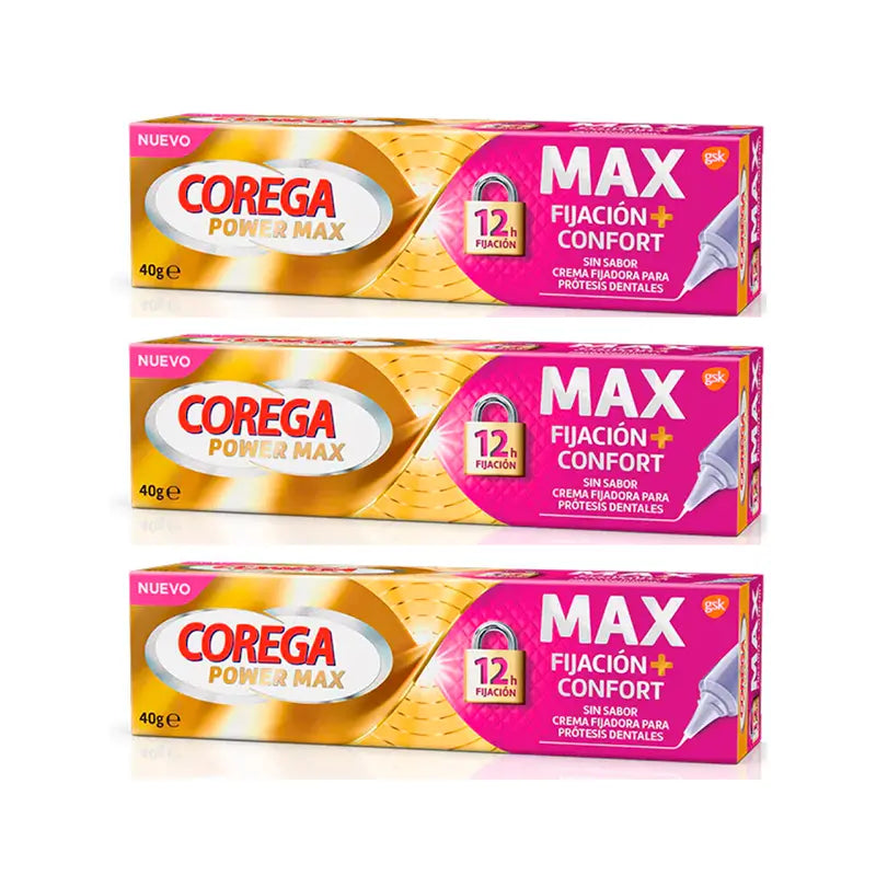 Corega Triplo Max Fixation + Comfort Fixing Cream pour prothèses dentaires, 3 x 40 gr