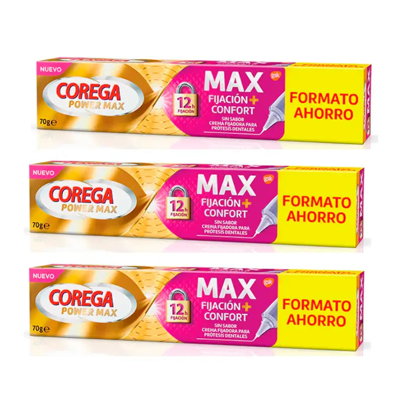 Corega Triplo Max Fixation + Comfort Fixing Cream pour prothèses dentaires, 3 x 70 gr