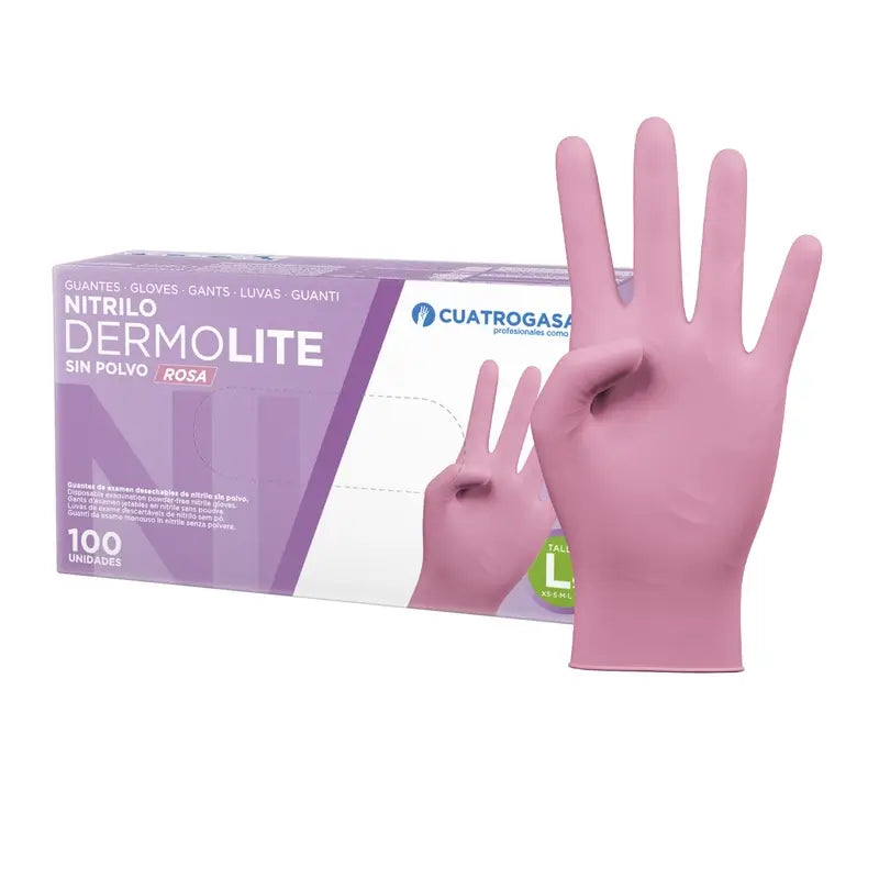 Cuatrogasa Dermolite Gants nitrile sans poudre rose Taille L, 100 unités