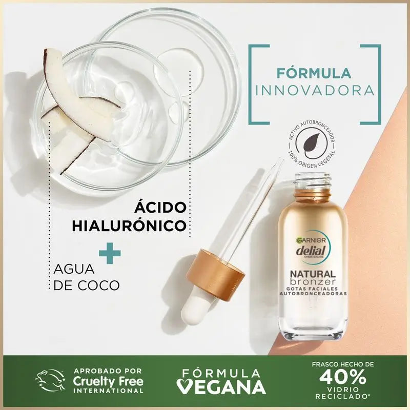 Delial Natural Bronzer Gouttes autobronzantes pour le visage à l'acide hyaluronique et à l'eau de coco - 30 Ml
