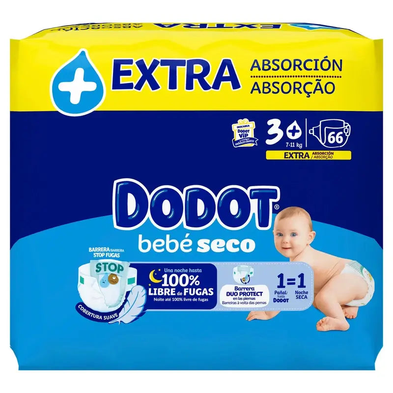 Dodot Baby Dry Taille 3+ (7-11 Kg), 66 couches