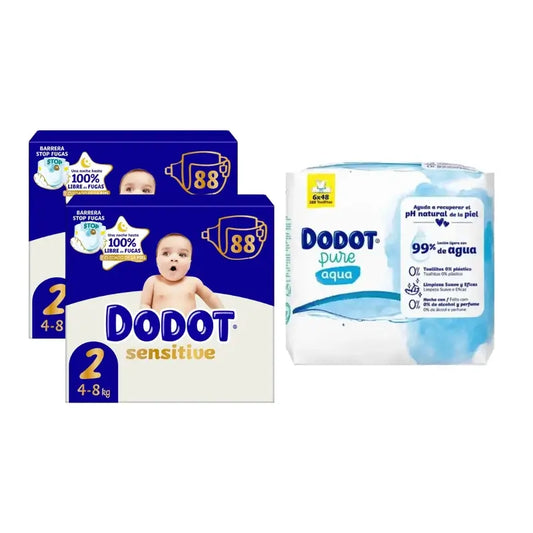 Dodot Sensitive Jumbo Sensitive Nappy Pack Size 2 , 2x88 unités + Aqua Plastic Free Wipes Box 6X48 (288 unités)