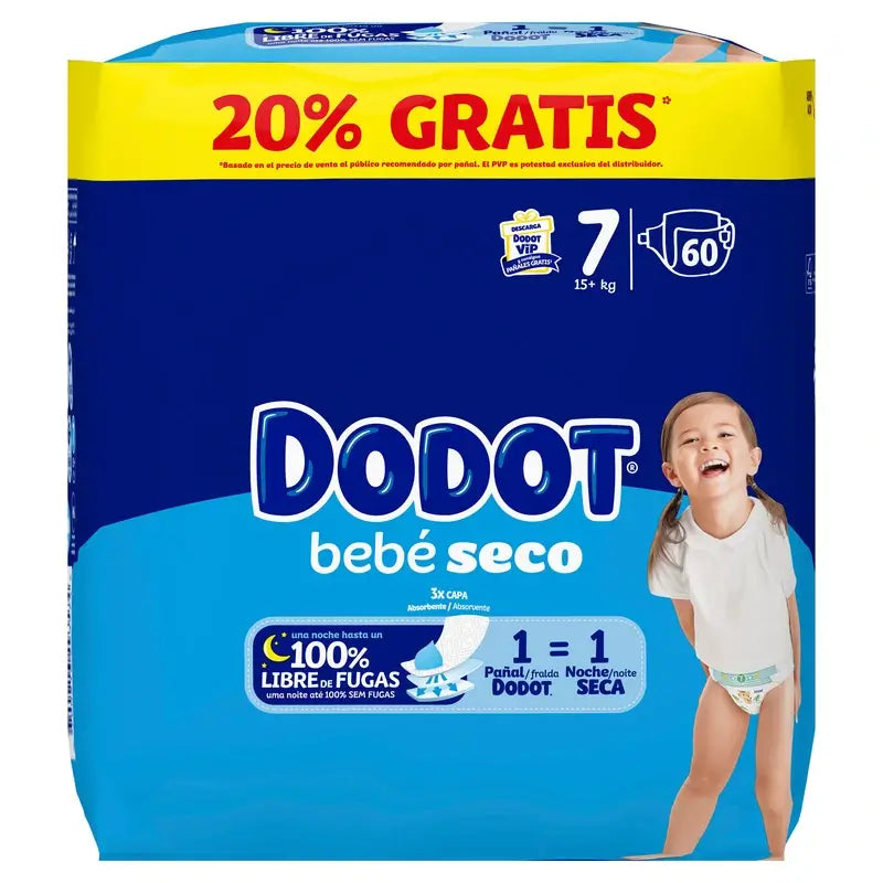 Dodot Baby Dry Taille 7, 15Kg+, 60 couches