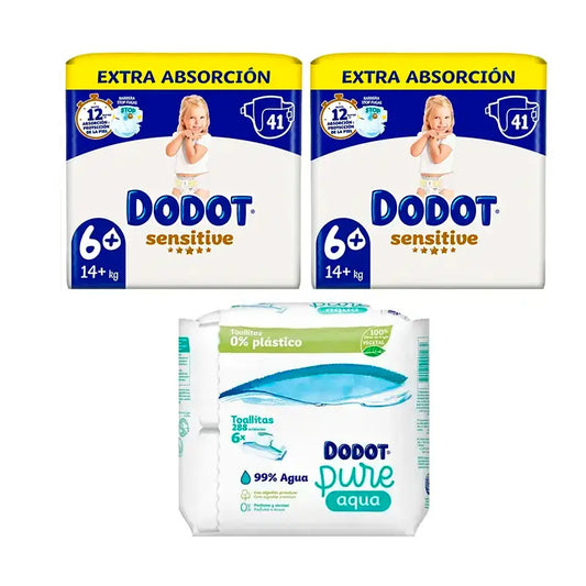 Dodot Sensitive Taille 6 Extra-Jumbo, Pack 2 x 41 Couches + Lingettes Pure Aqua, 288 Pcs.
