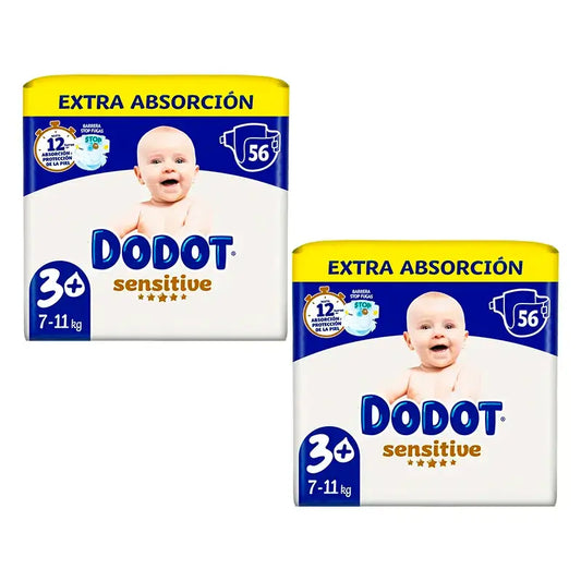 Dodot Sensitive Extra Jumbo Nappy Size 3+, Pack 2 x 56 Nappies