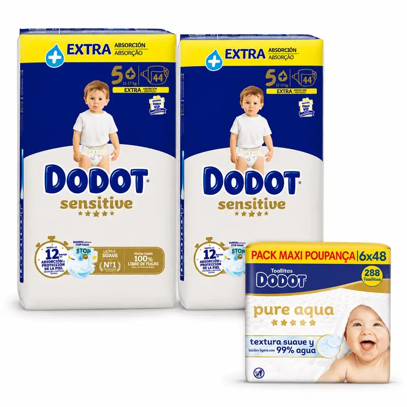 Dodot Sensitive Extra Jumbo Taille 5, 88 couches + Dodot Pure Aqua 288 Lingettes