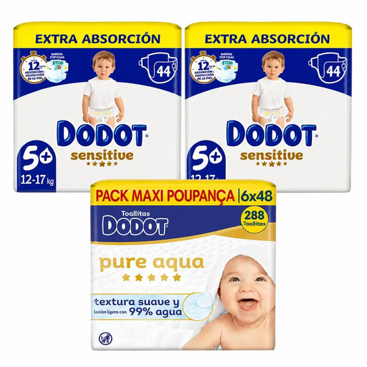 Dodot Sensitive Extra Jumbo Taille 5, 88 couches + Dodot Pure Aqua 288 Lingettes