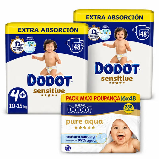 Couches Dodot Sensitive Extra Absorbant 10-15 kg Taille 4+, 96 pièces + Dodot Pure Aqua 288 Lingettes