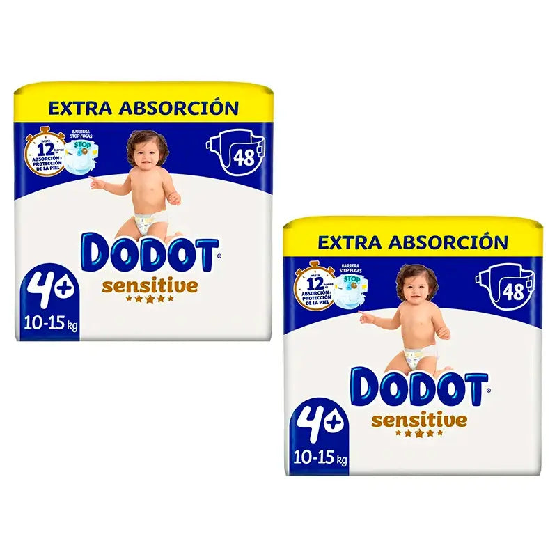Couches Dodot Sensitive Extra Absorbant 10-15 kg Taille 4+, Pack 2 x 48 unités