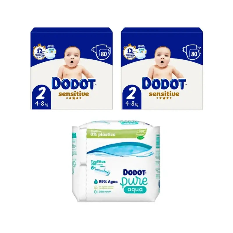 Dodot Sensitive Taille 2, 2 x 80 couches + Lingettes Pure Aqua, 288 pcs.