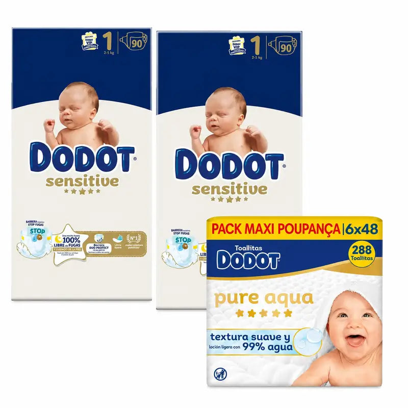 Dodot Sensitive Taille 1, 2kg-5kg, 180 couches + Dodot Pure Aqua 288 lingettes