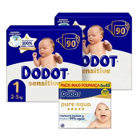 Dodot Sensitive Taille 1, 2kg-5kg, 180 couches + Dodot Pure Aqua 288 lingettes