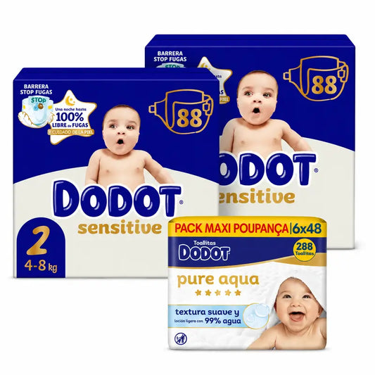 Dodot Sensitive Taille 2, 4kg-8kg, 176 couches + Dodot Pure Aqua 288 lingettes