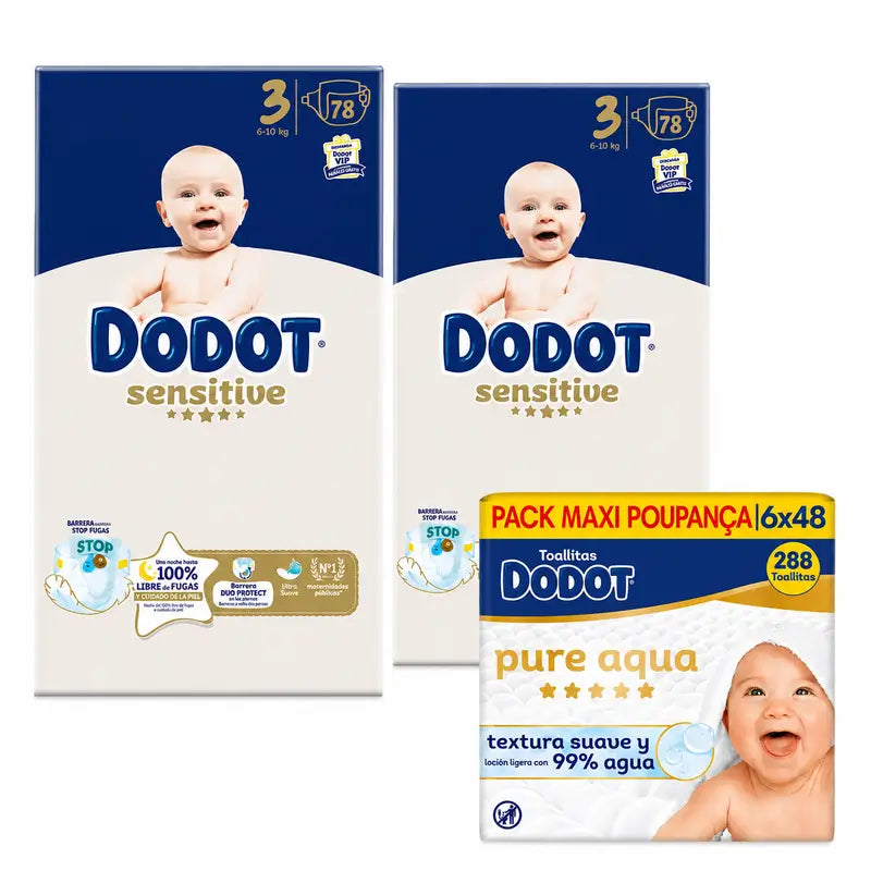 Dodot Sensitive Taille 3, 6kg-10kg, 156 couches + Dodot Pure Aqua 288 lingettes