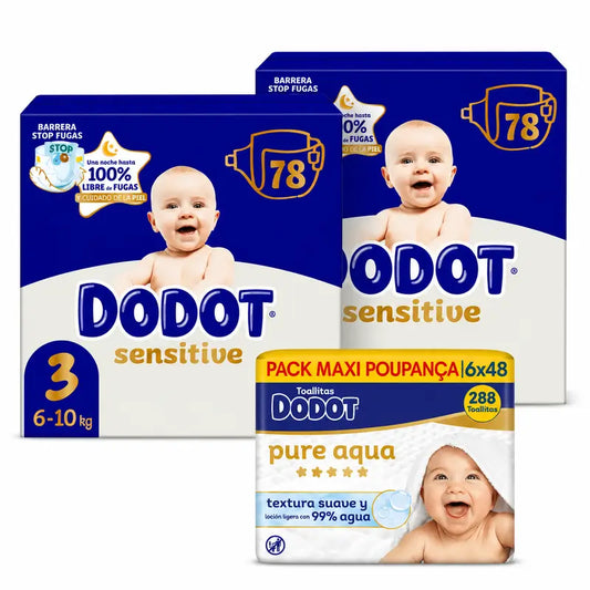 Dodot Sensitive Taille 3, 6kg-10kg, 156 couches + Dodot Pure Aqua 288 lingettes